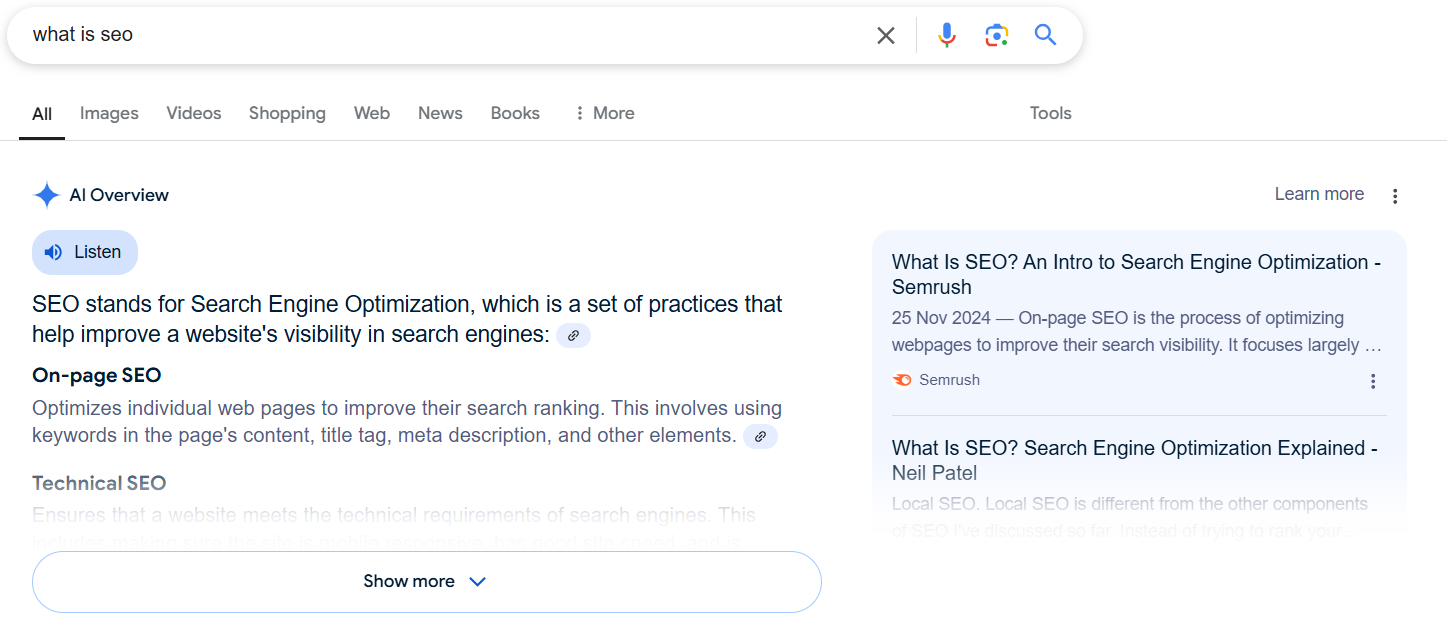 A quick example: The query "What is SEO" on Google search ranks the Semrush article as a top source in the AI overview.