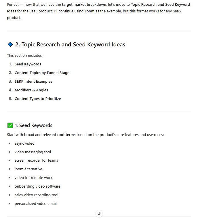 Image showing a list of seed keywords for a video messaging product generated by ChatGPT