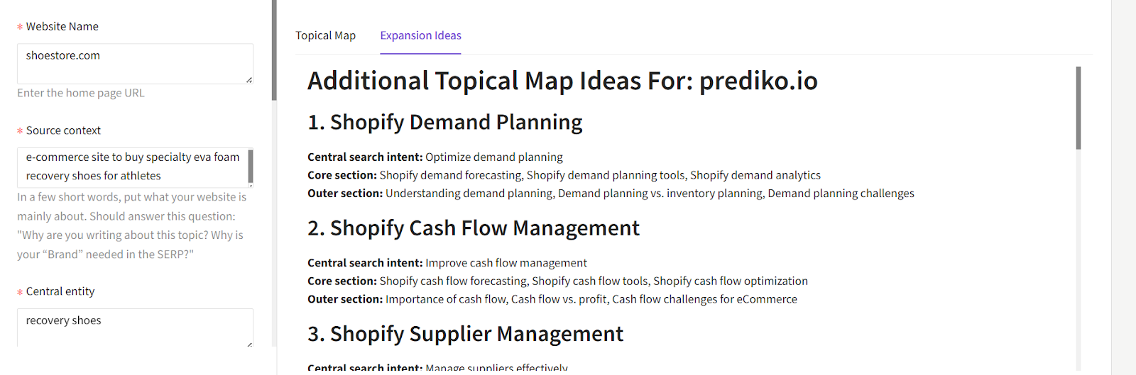 Image showing a list of additional content ideas categorized by search intent and topic structure