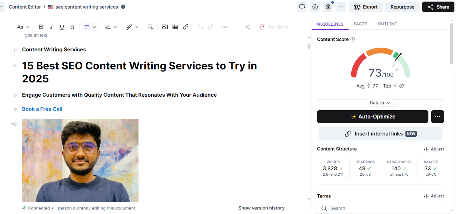 Image showing Surfer SEO editor with a content score, readability insights, and optimization options