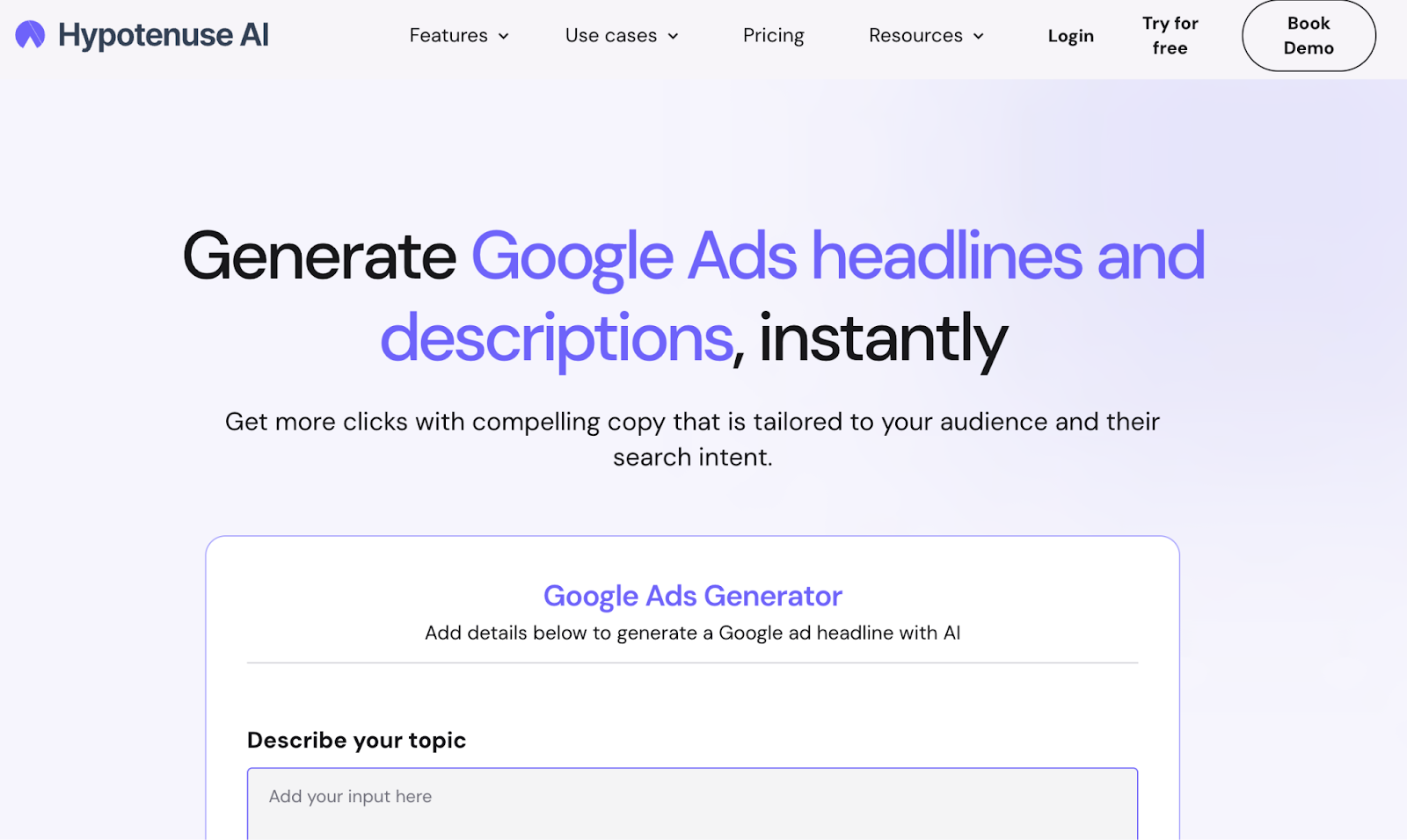 Hypotenuse AI's Google Ads Generator tool with input fields to generate ad headlines and descriptions