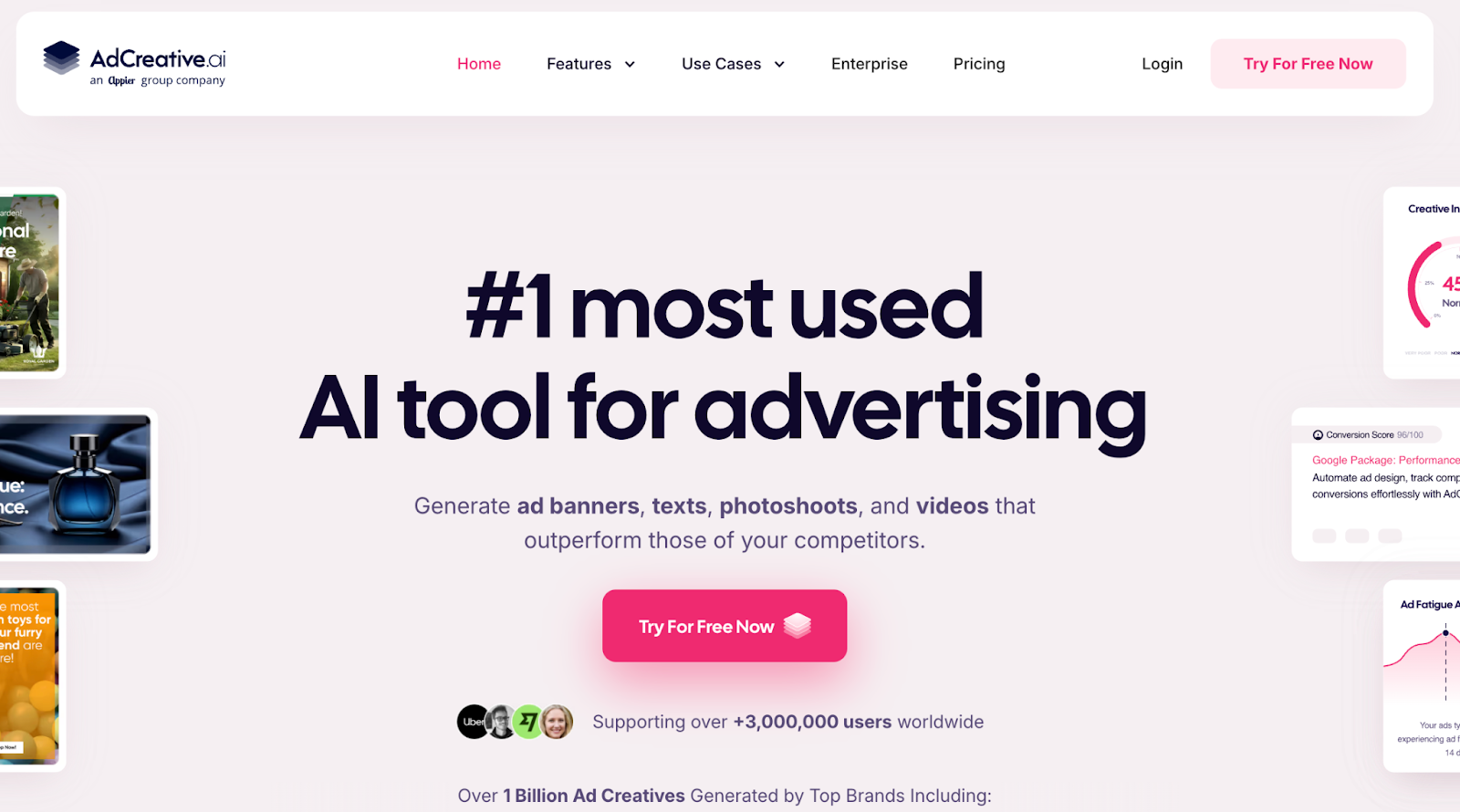 AdCreative.ai homepage promoting itself as the #1 AI tool for advertising, with visuals of ad examples