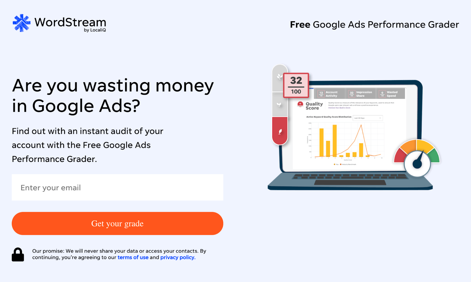 Wordstream's Free Google Ads Performance Grader page showing an audit score, email field, and grade button