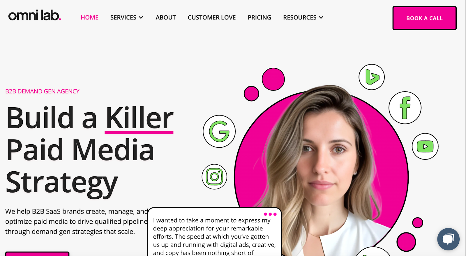 Omni Lab homepage with headline, call-to-action, and image of a woman