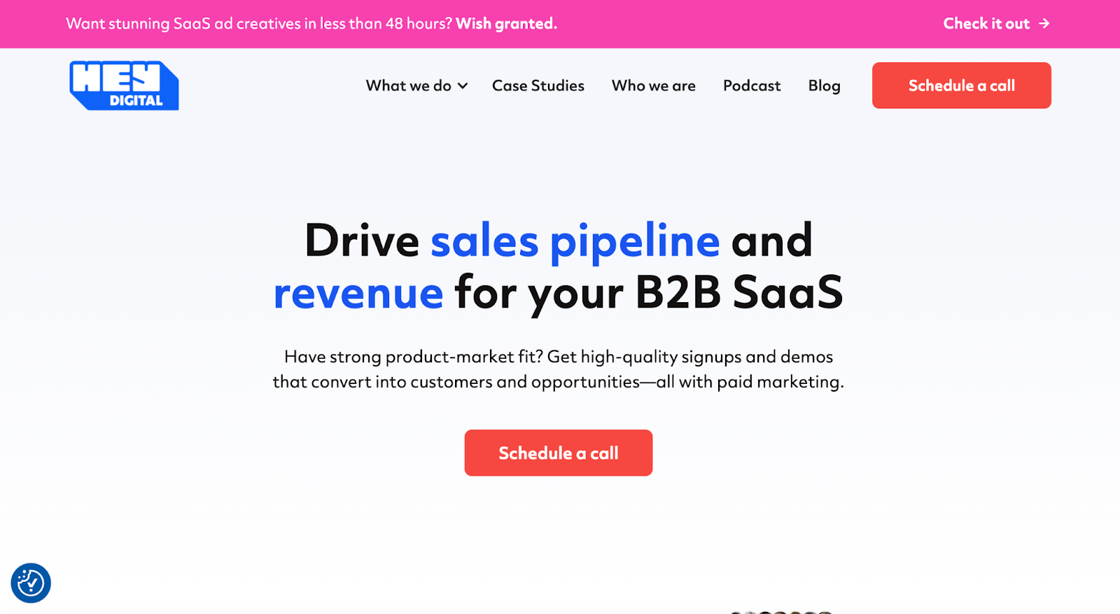 Hey Digital homepage with headline about B2B SaaS growth through paid marketing