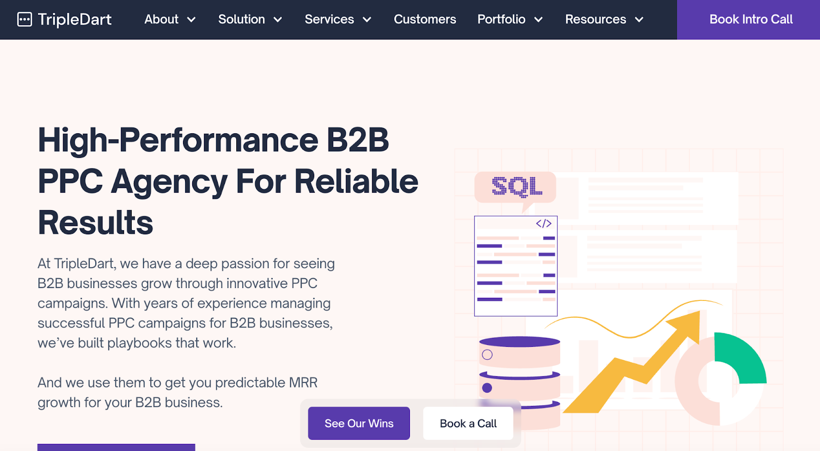TripleDart B2B PPC agency homepage with headline, SQL graphic, and call-to-action buttons