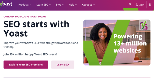 Yoast SEO homepage highlighting its tools, training, and 13+ million users, with a smiling woman beside a laptop