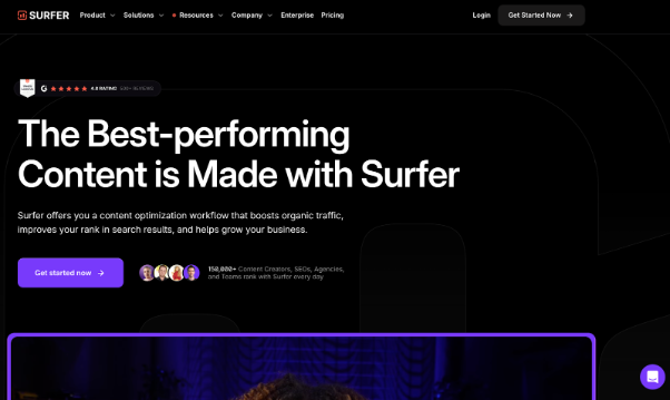 Surfer homepage promoting its content optimization workflow to boost SEO, with bold text and a CTA button