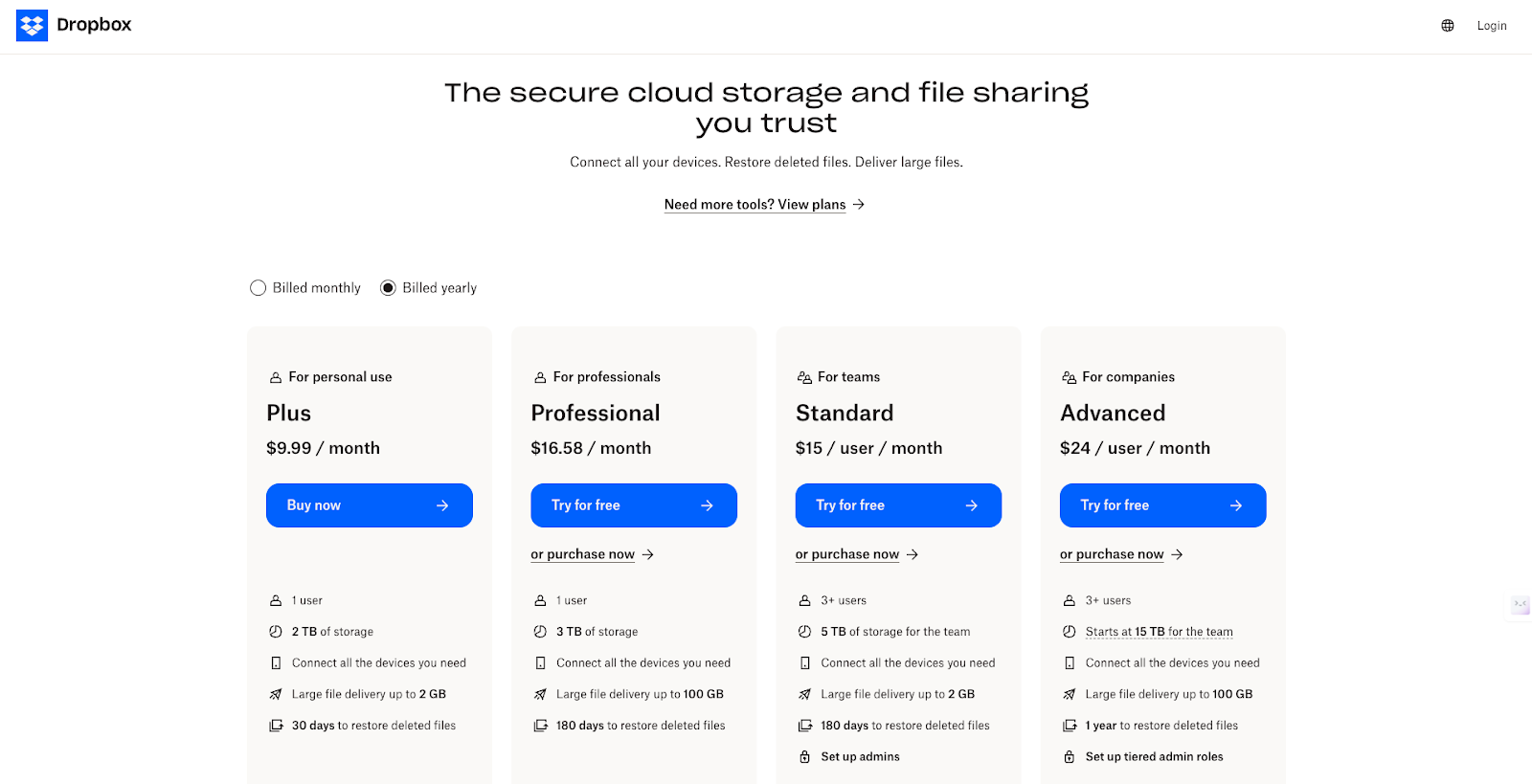 Dropbox tiered pricing example