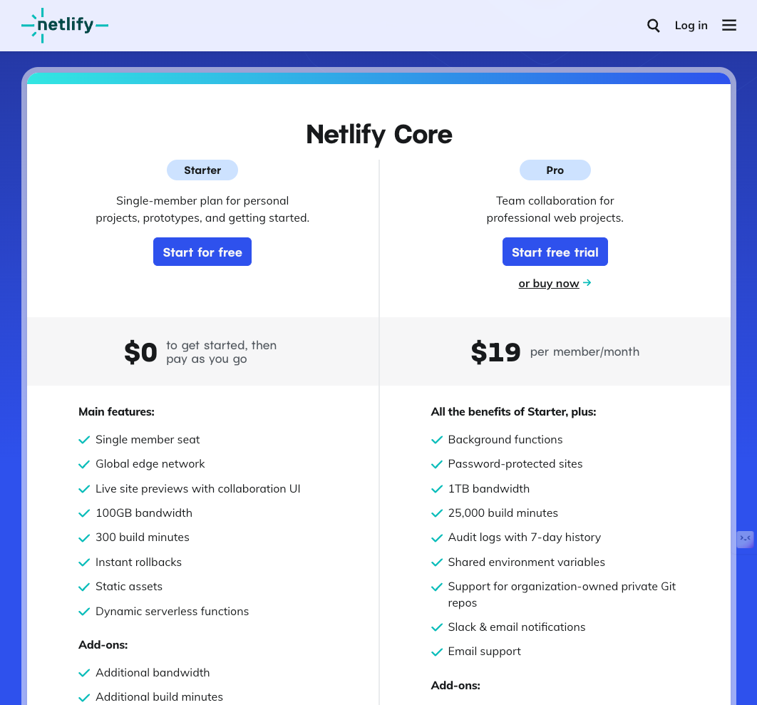 Netlify freemium pricing example