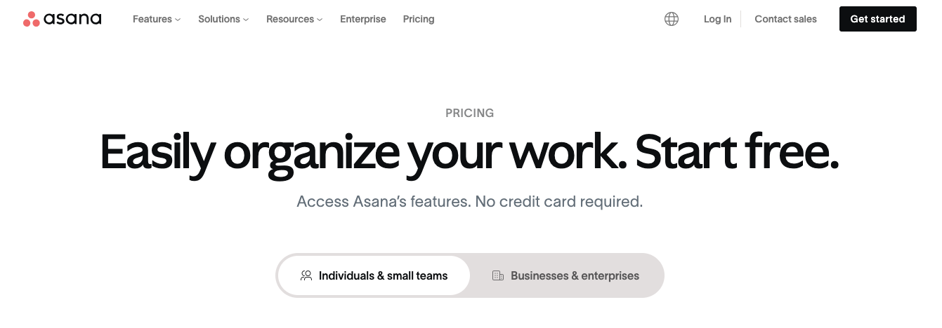 Screenshot of Asana's pricing page highlighting its free version