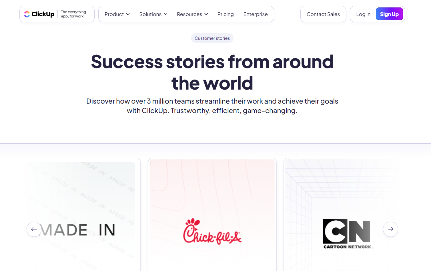 Screenshot of ClickUp's website showing case studies from its customers