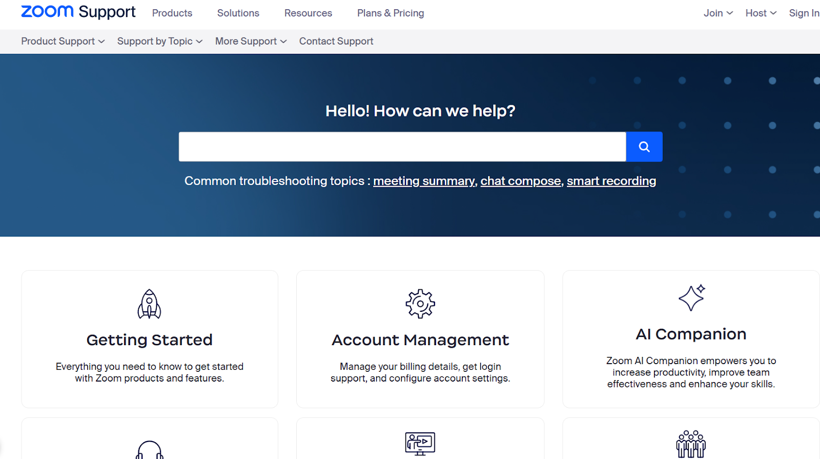 Screenshot of Zoom's comprehensive knowledge base with common troubleshooting topics highlighted