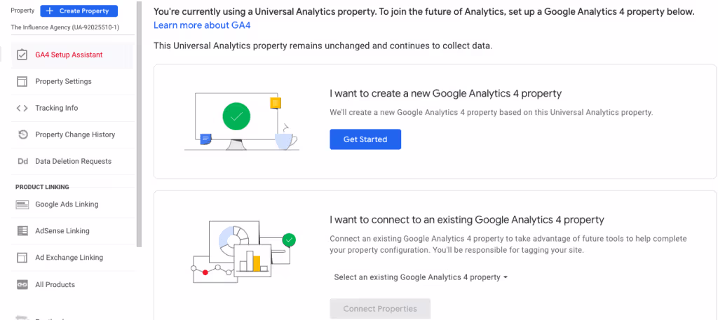Options to create a new GA4 property or connect to an existing one.