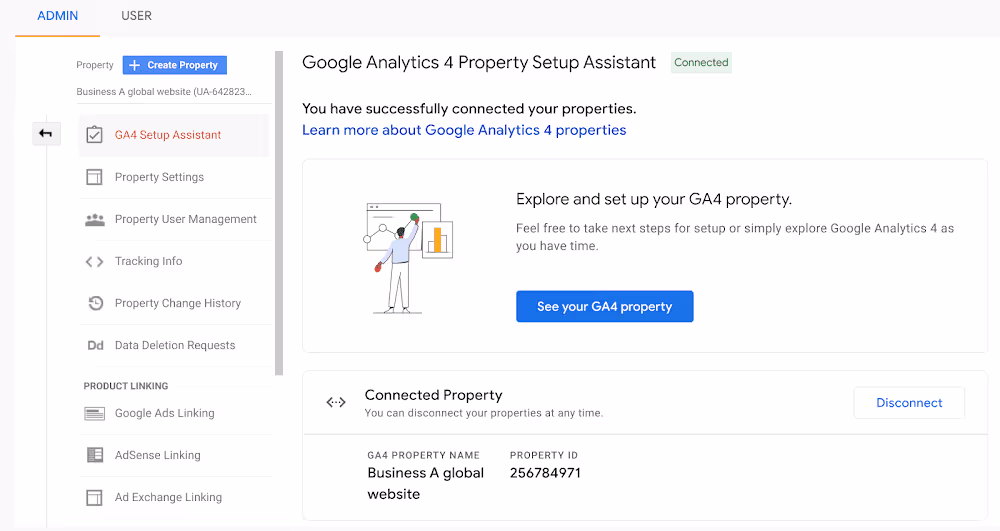 Confirmation status that GA4 property is connected.