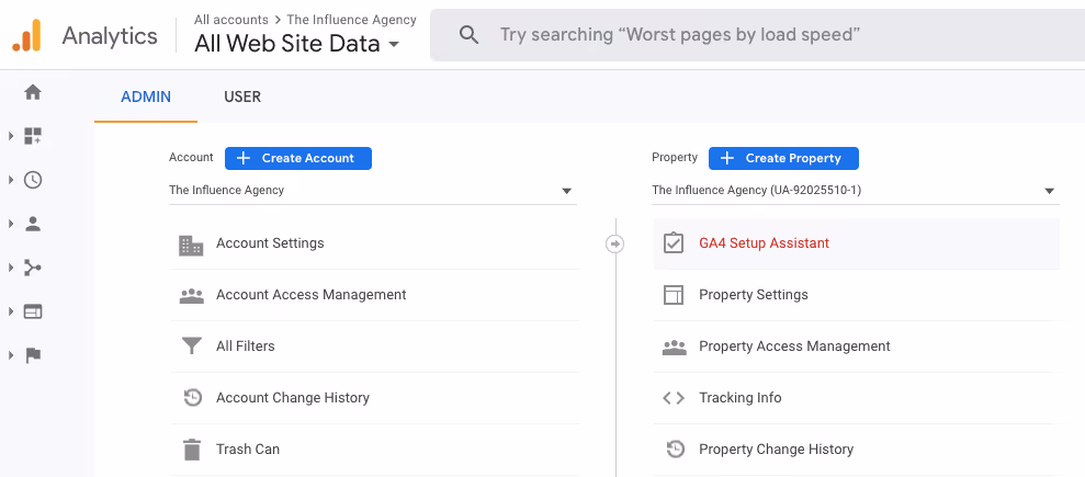 Admin tab of Google Analytics with GA4 Setup Assistant highlighted
