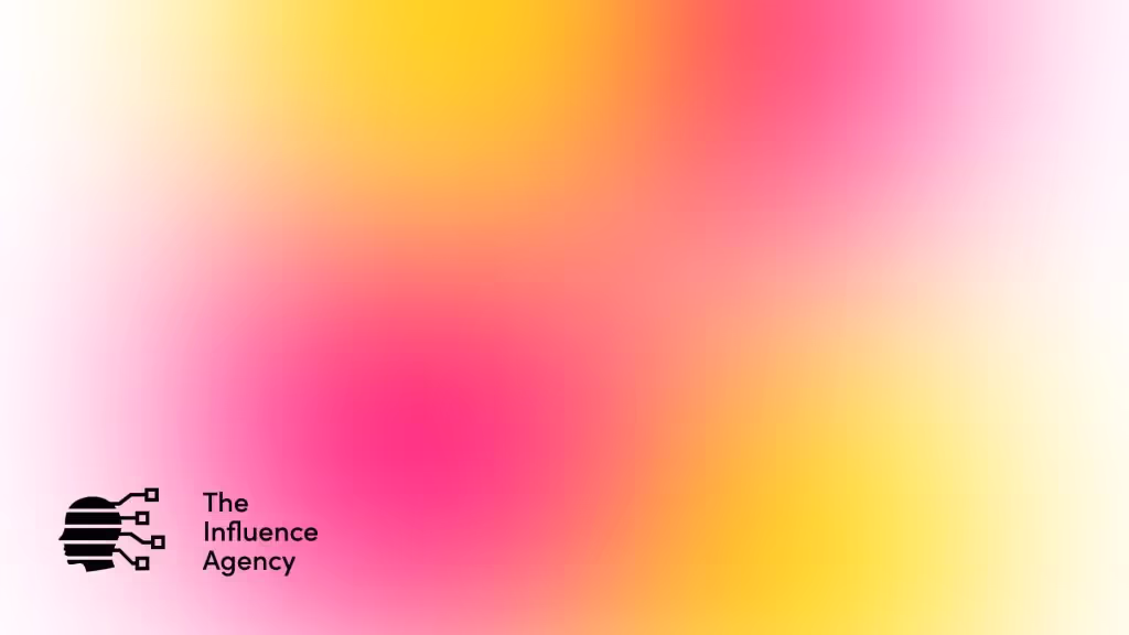 A graphic background of The Influence Agency’s signature gradient featuring two of their brand colours, pink and yellow, showcasing their all-black logo in the bottom right-hand corner.