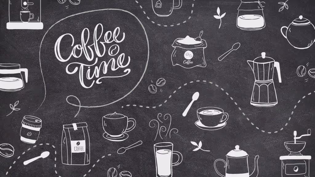 A chalkboard drawing featuring the slogan “Coffee Time” complete with mini graphics of coffee beans, coffee cups, milk, steam, teapot, coffee grinder, coffee pot, etc.