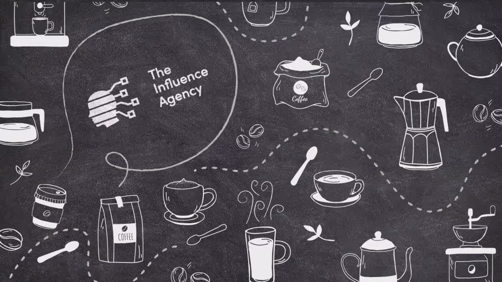 A chalkboard drawing featuring The Influence Agency’s logo, complete with mini graphics of coffee beans, coffee cups, milk, steam, teapot, coffee grinder, coffee pot, etc.