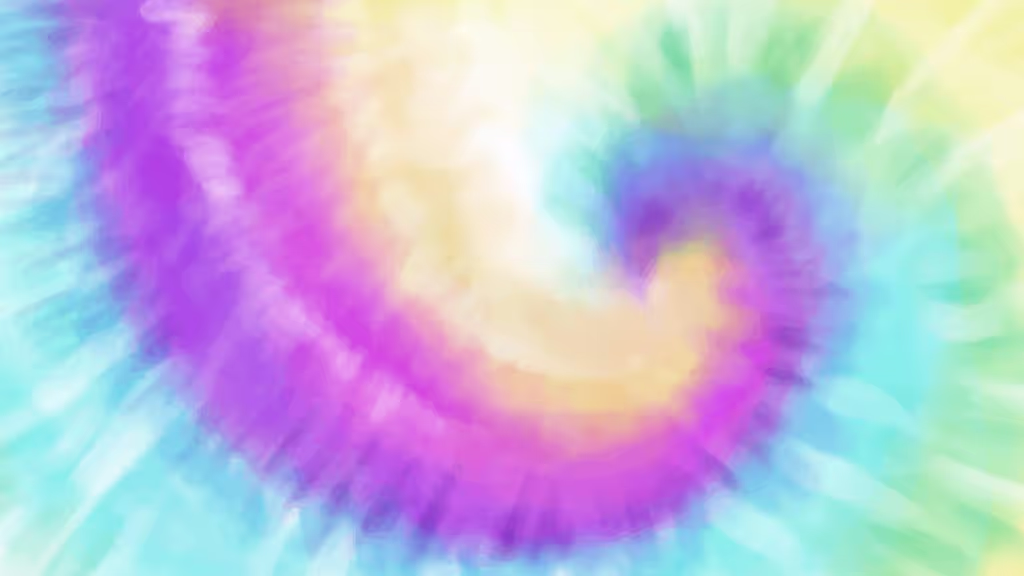 Tie-dye graphic featuring purple, yellow, green, blue, aqua, and yellow, in a swirl pattern.