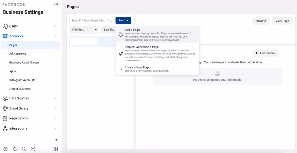 Screenshot showing accounts section in Meta Business Manager. ‘Add’ a page button has been selected.