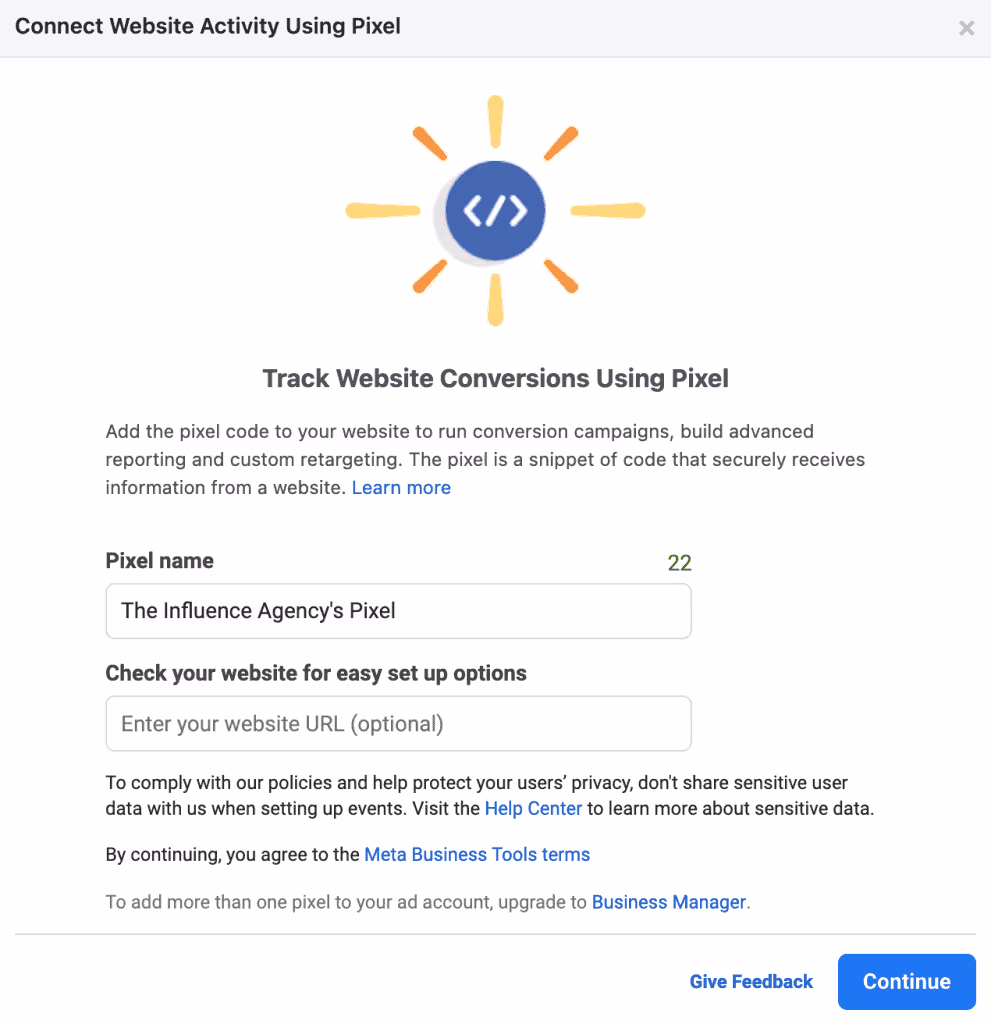 Screenshot of Meta Business Manager tracking website conversions using Pixel