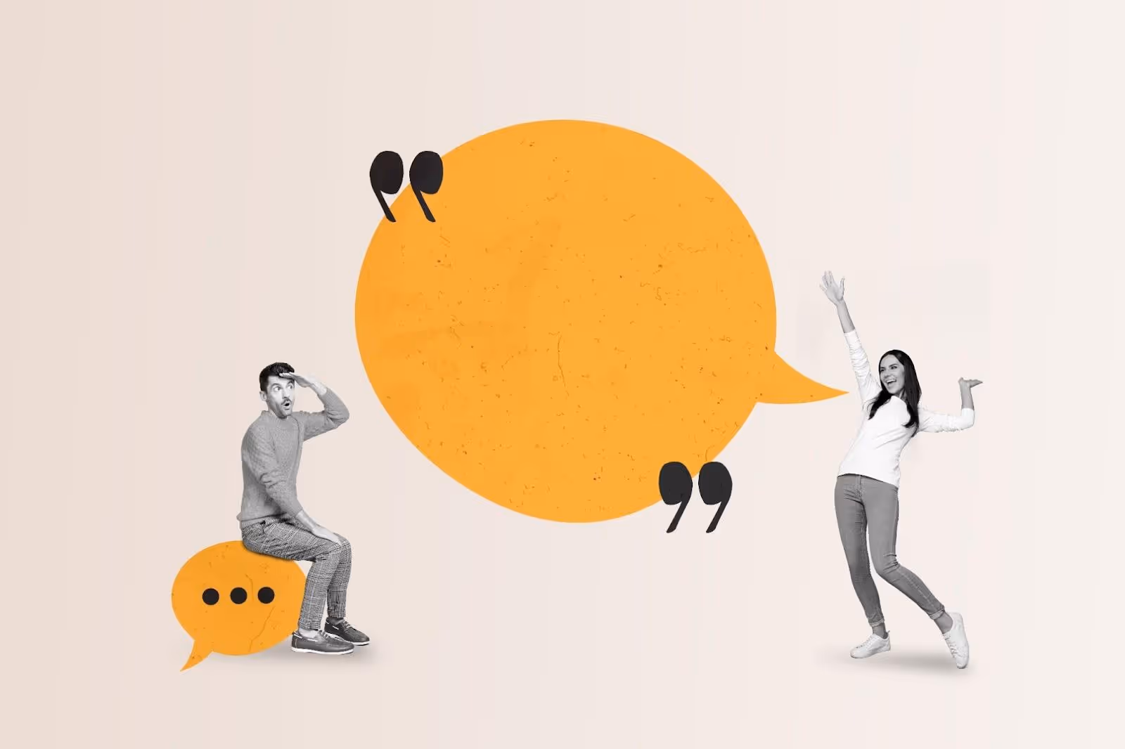 A man sits on a yellow speech bubble, while a woman across from him talks, her larger speech bubble just as vibrant. 