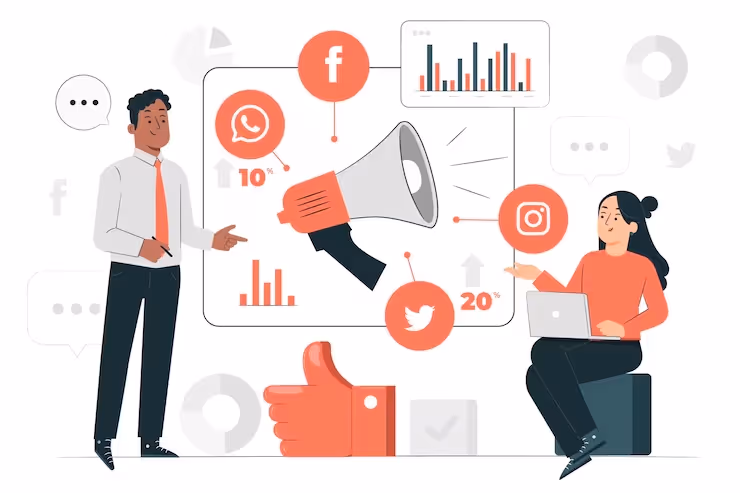 An illustration of a man and woman collaborating on social media strategy ideas.