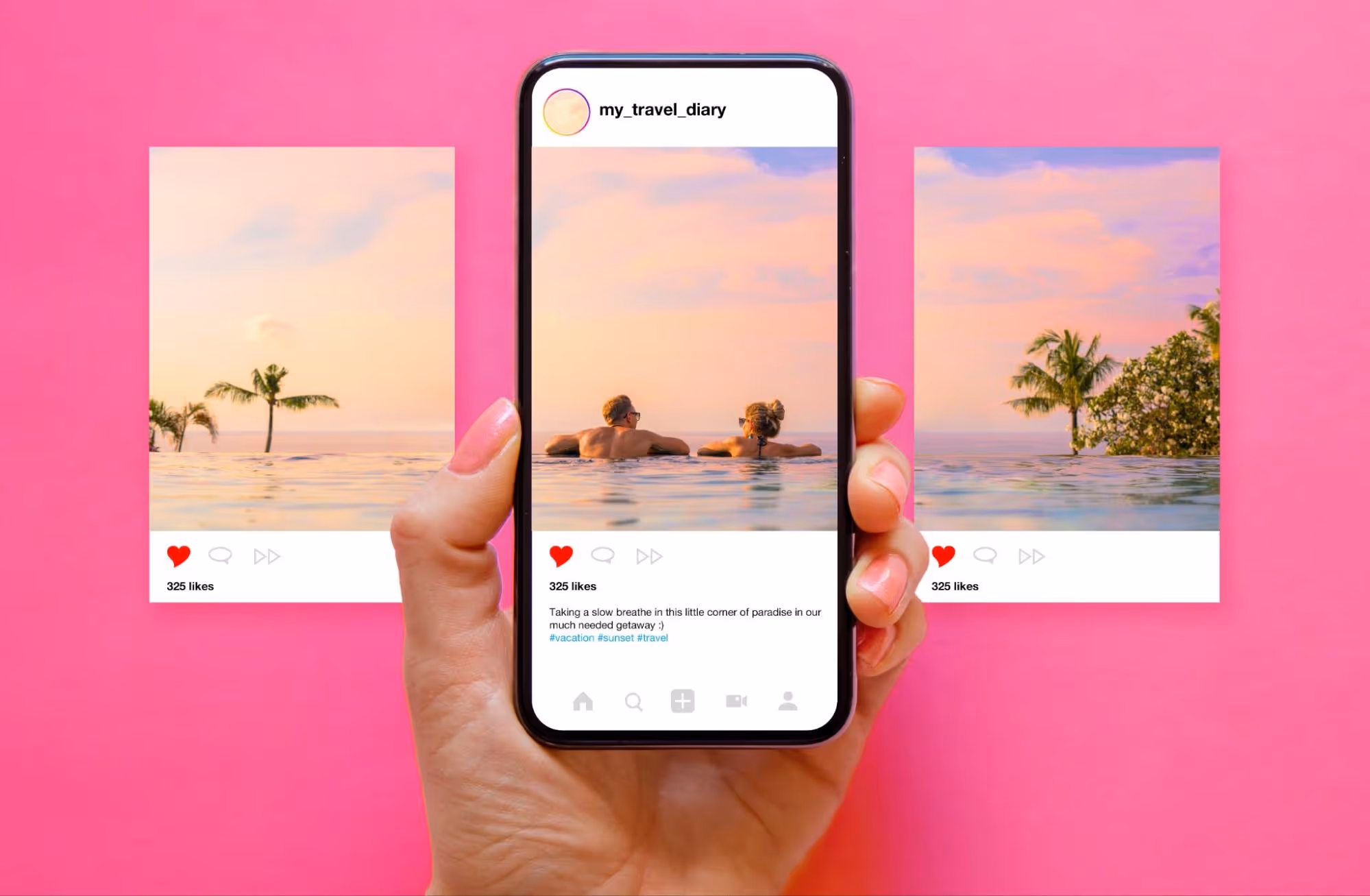 A hand holding a phone showing an Instagram image carousel