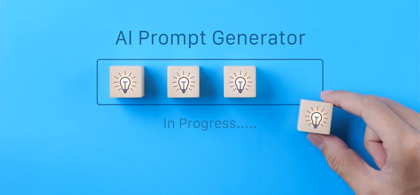 Three wooden blocks, each featuring a lightbulb, with "AI Prompt Generator" displayed above and "In Progress..." below.