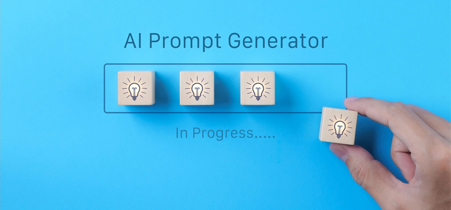 Three wooden blocks, each featuring a lightbulb, with "AI Prompt Generator" displayed above and "In Progress..." below.