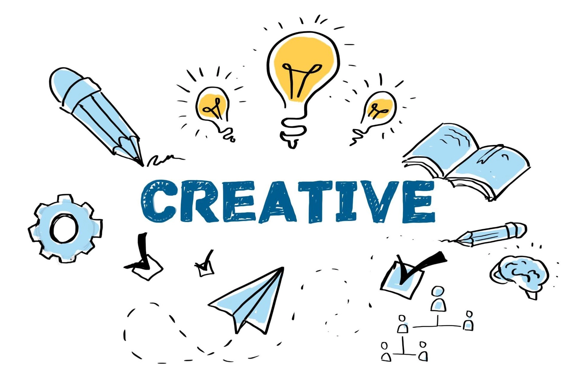 A hand-drawn creativity concept sketched in blue ink on a white background, featuring the word "creative" prominently at its center.