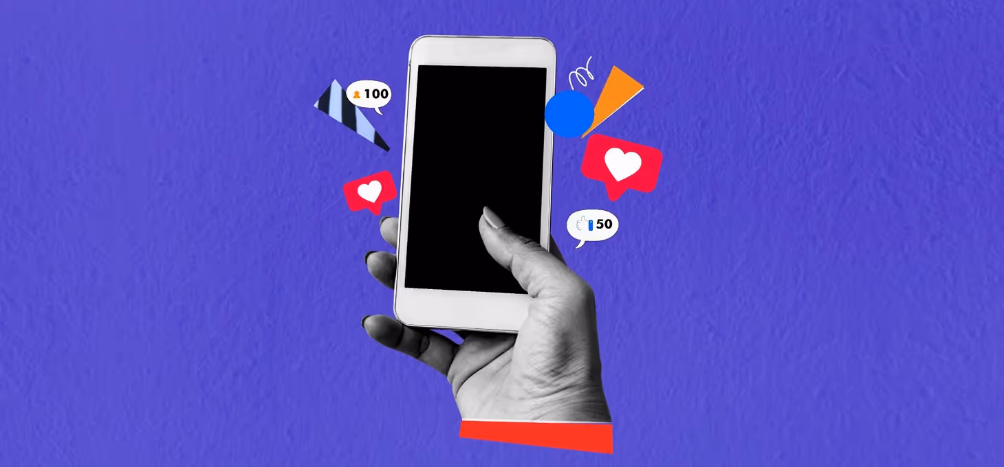 A hand holding a phone set against a blue backdrop, social media icons surrounding it