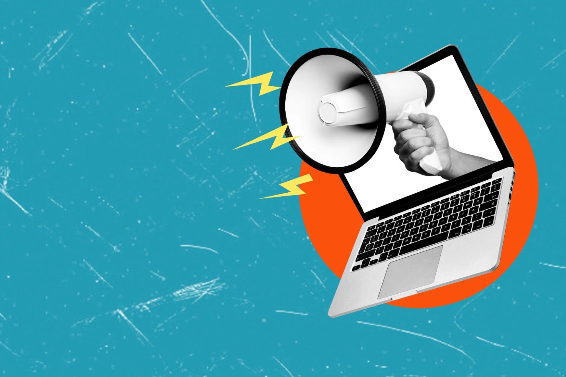 A graphic image of a megaphone coming through a laptop screen.