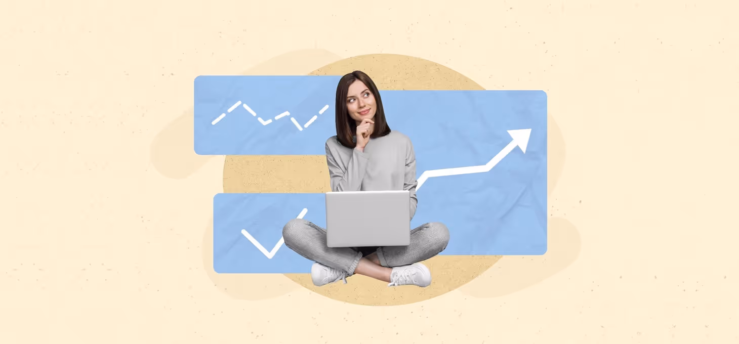 A young woman smiles inquisitively as an analytics arrow rises beside her