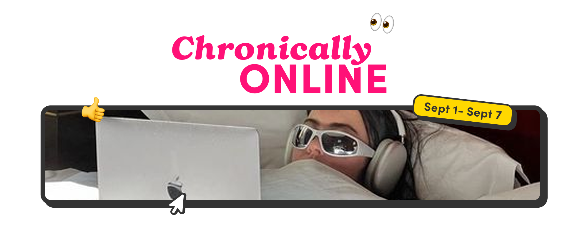 Banner reading 'Chronically Online' with a photo of a person in bed wearing headphones and sunglasses, using a laptop.