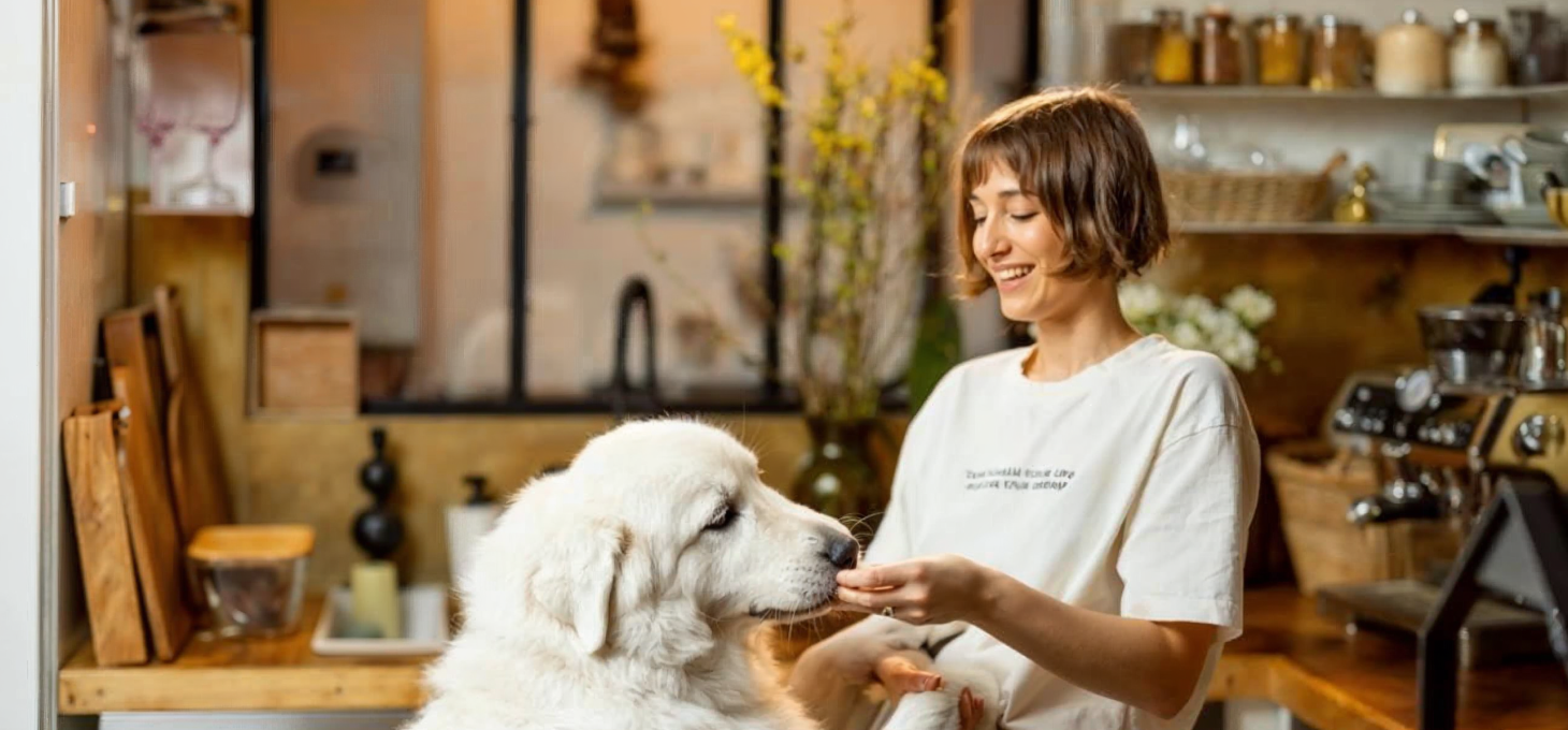 A woman and her pet dog recording content