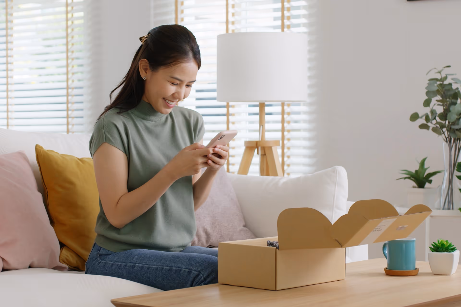 An influencer smiling and taking a photo of a PR package