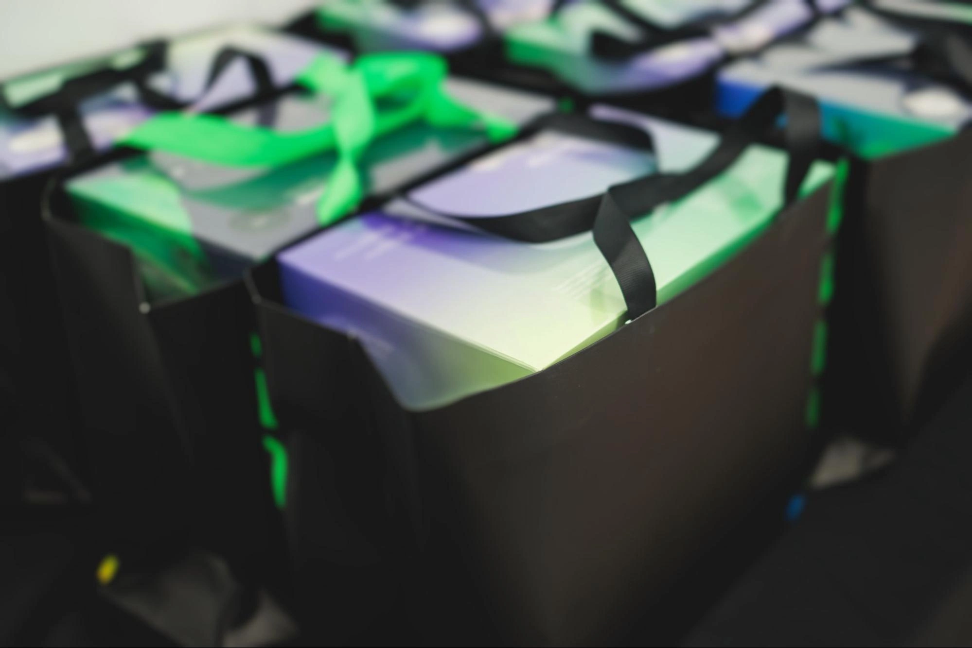 Rows of corporate gift bags given at a conference