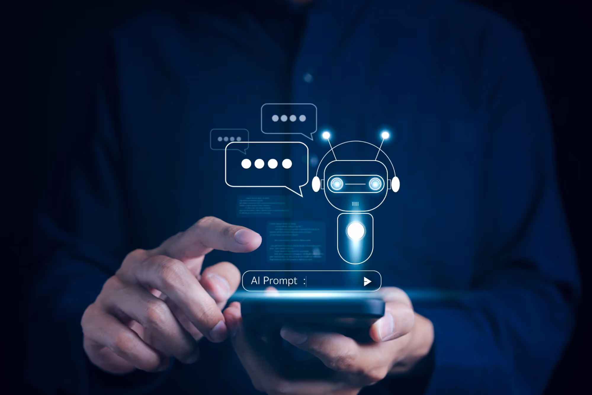 A man prompting AI chatbot on his phone with a robot chatbot illustration overlay