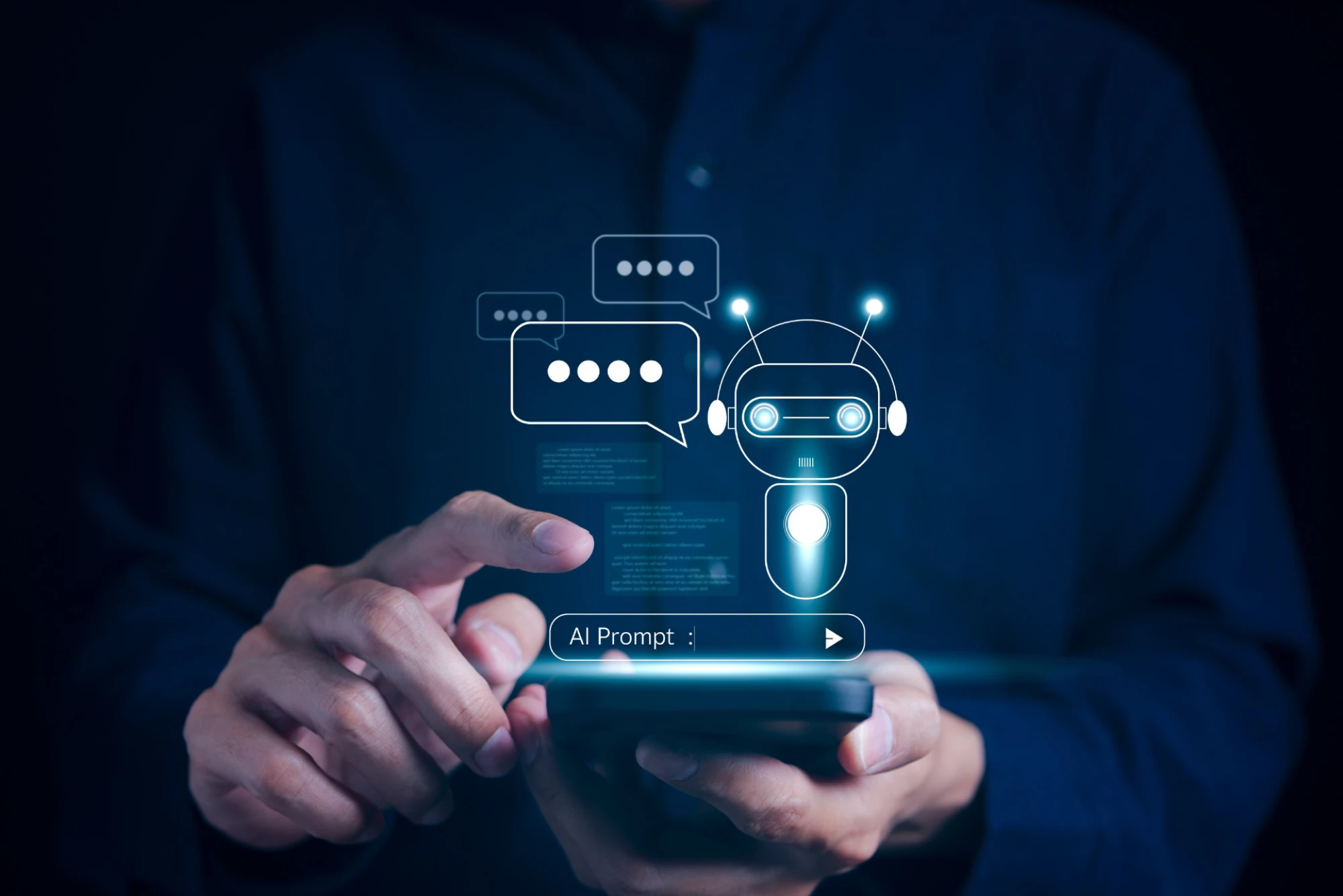 A man prompting AI chatbot on his phone with a robot chatbot illustration overlay