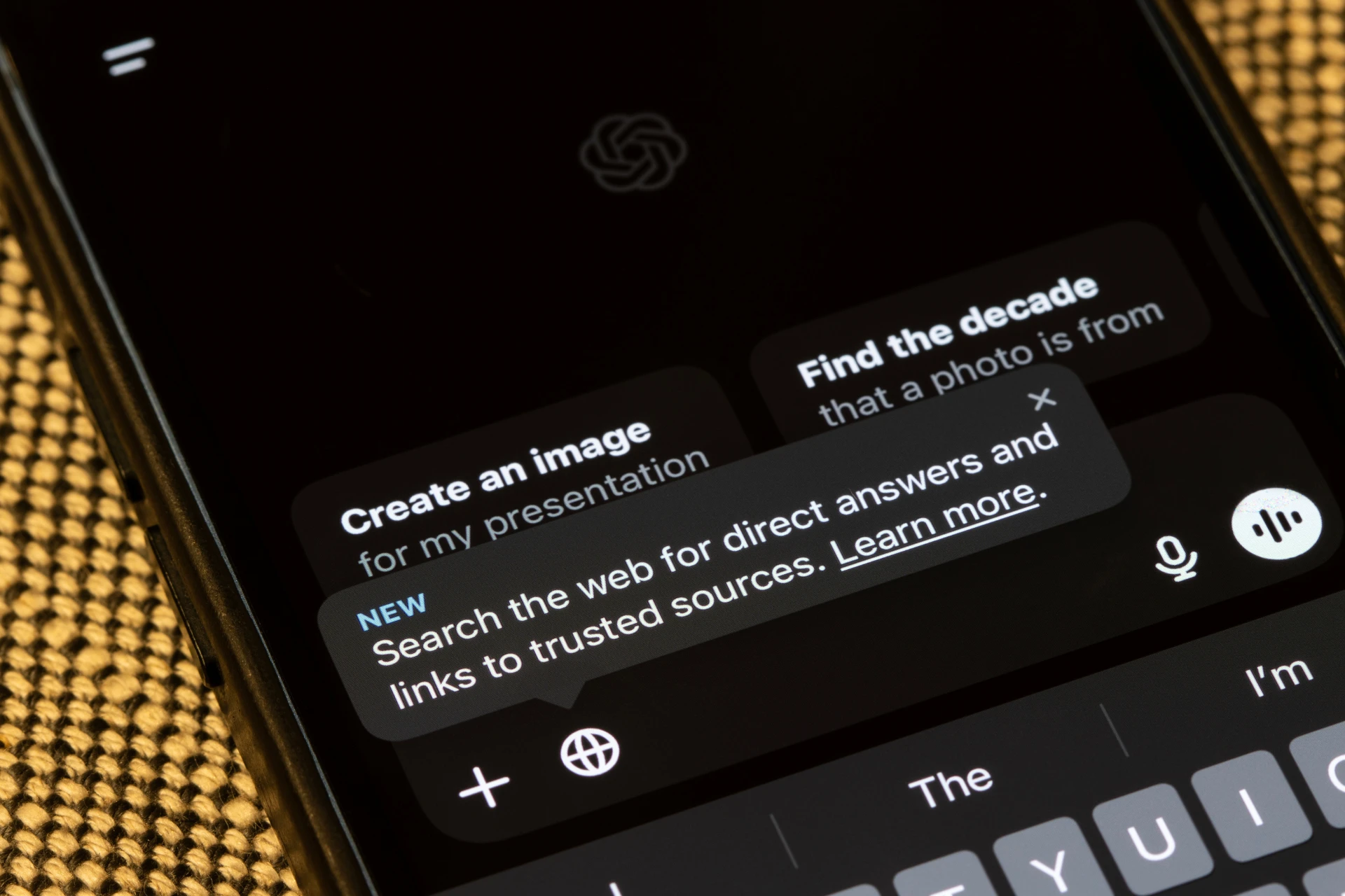 ChatGPT mobile app UI showing web search feature
