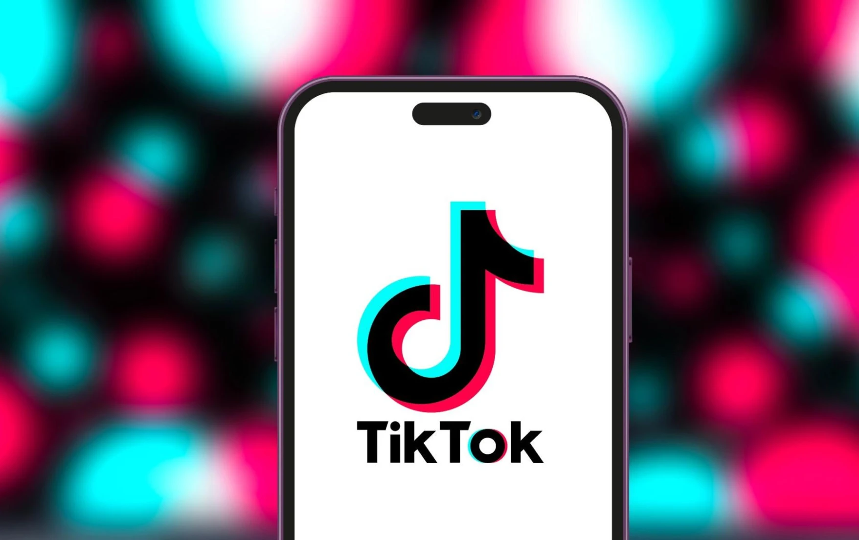 A phone shows the TikTok logo. It is set against a background of blurred turquoise and red bubbles.