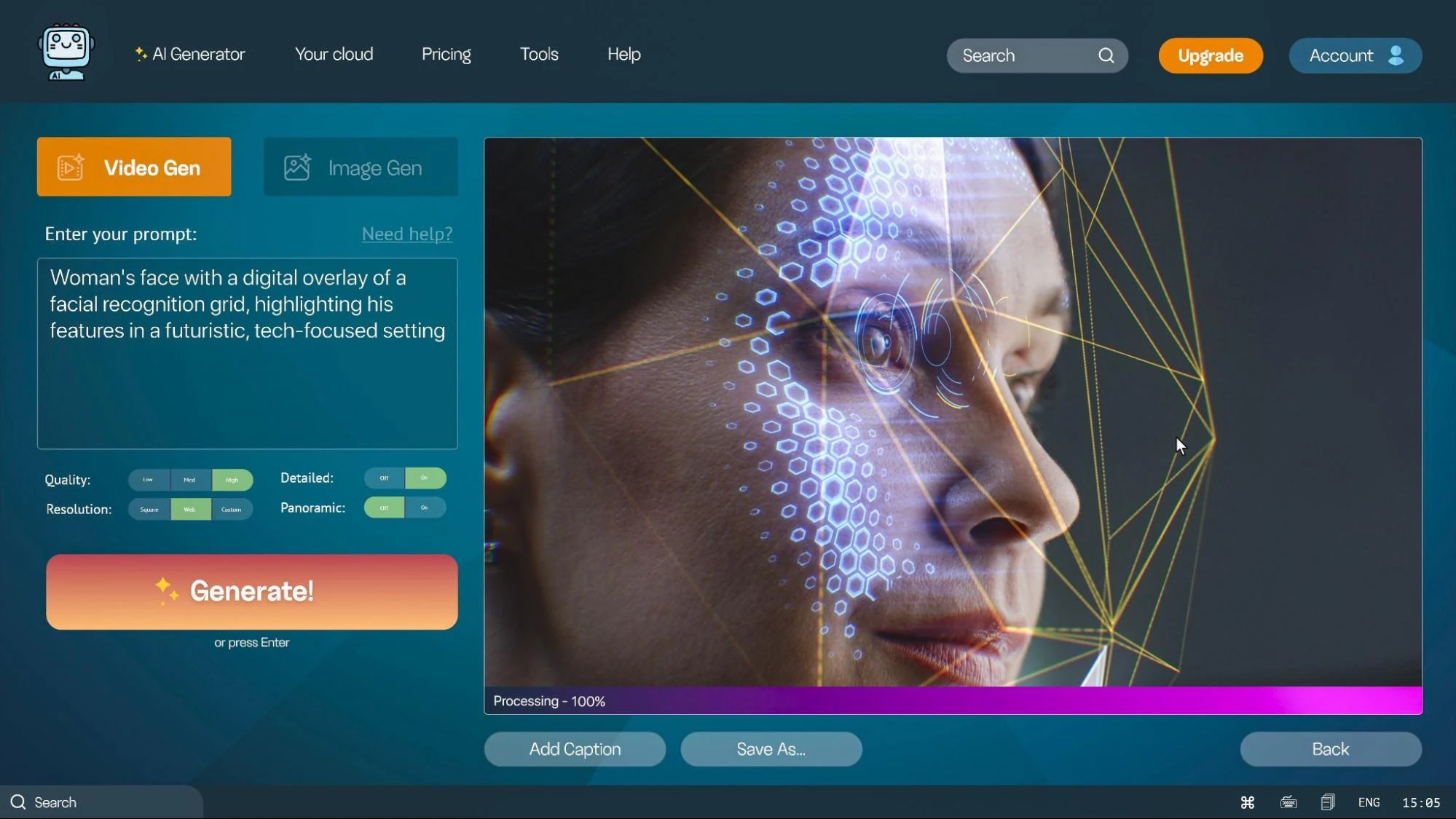 A computer screen showing an AI video generator image of a woman.