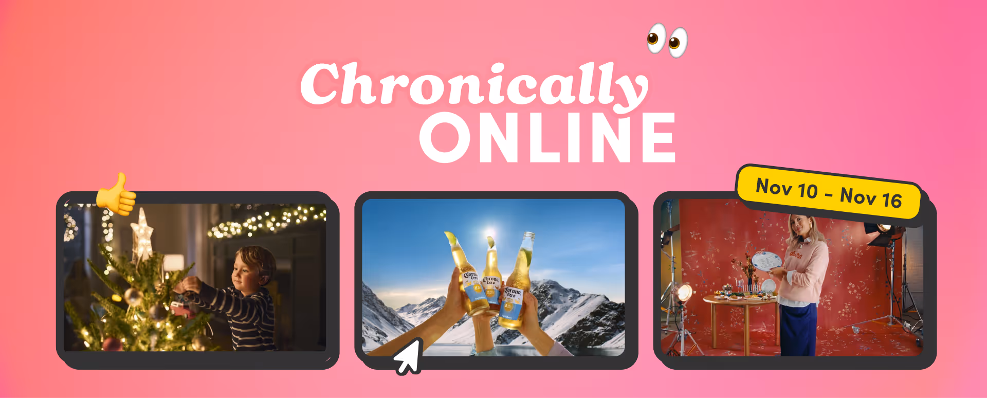 Chronically Online for November 10 to November 16. Featuring a child decorating a tree, a few beers cheersing aheda of a mountain, and a holiday photoshoot