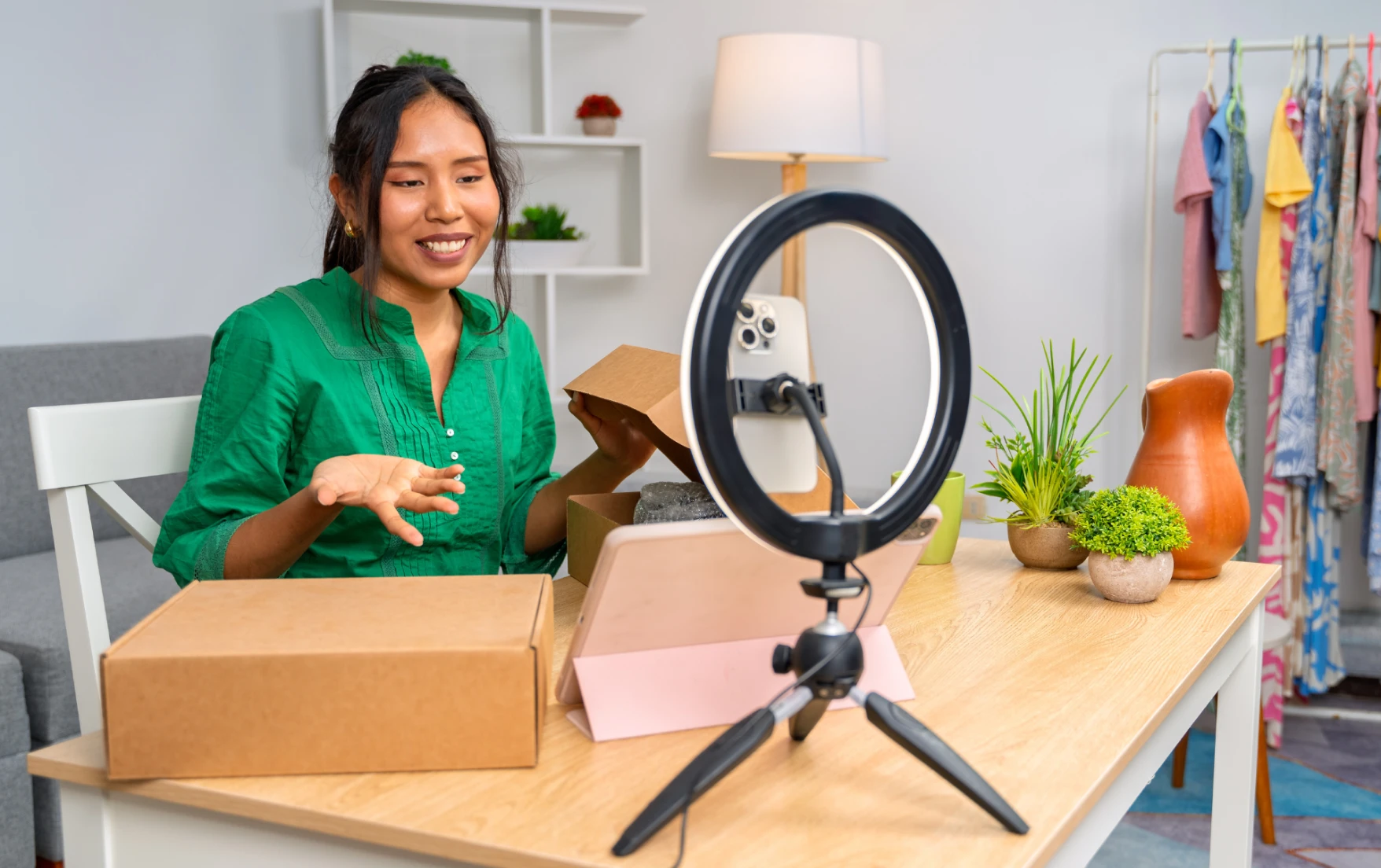 Amazon content creator filming an unboxing video