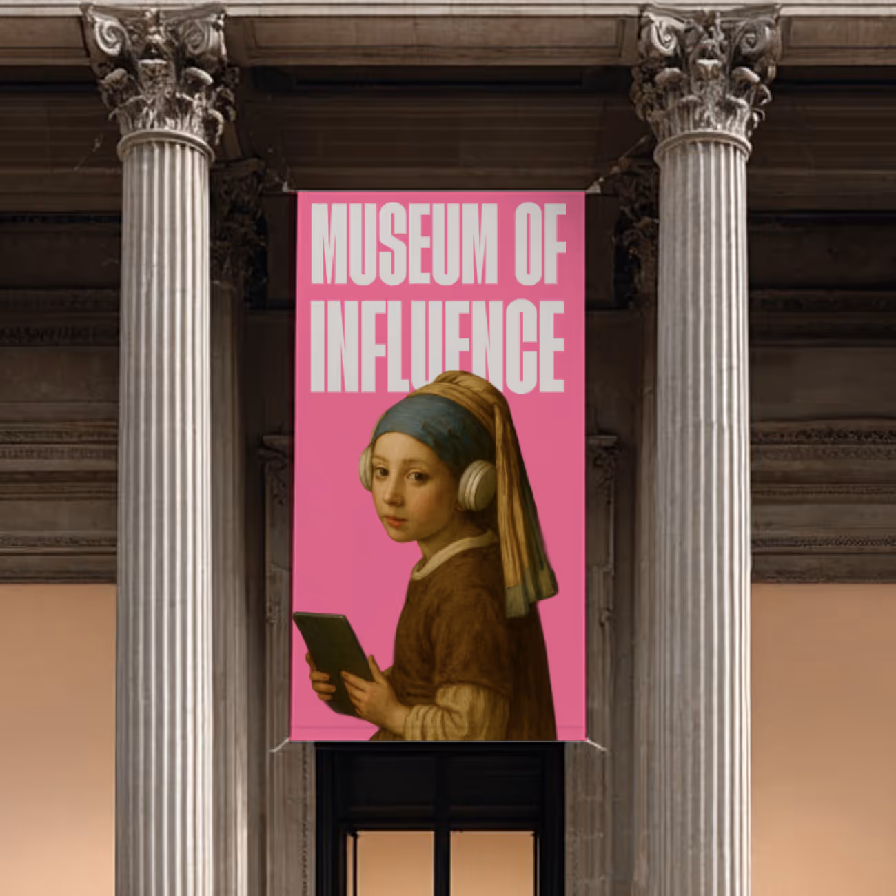 A parody photo of the Girl with the Pearl Earring with her holding a tablet and with headphones