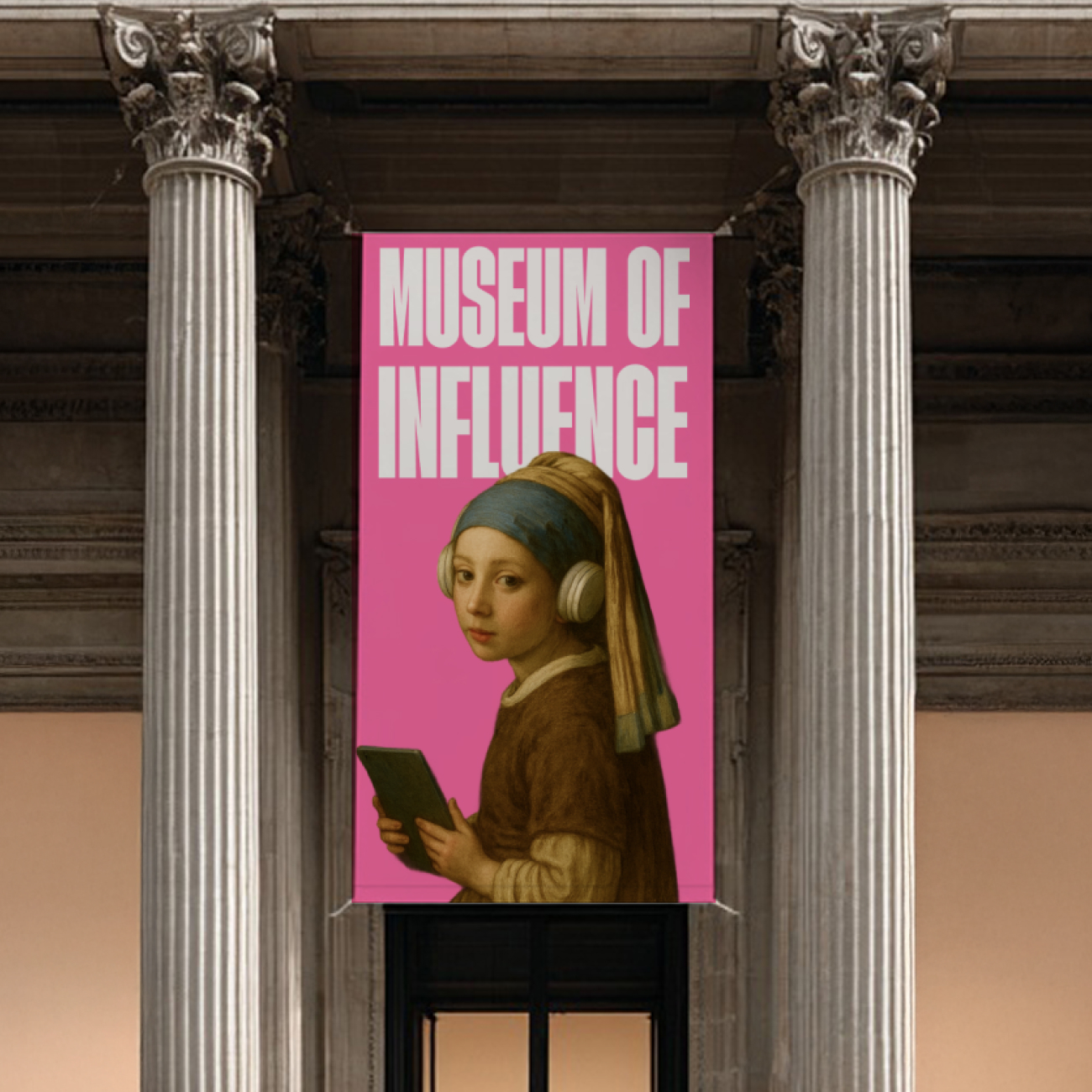 A parody photo of the Girl with the Pearl Earring with her holding a tablet and with headphones