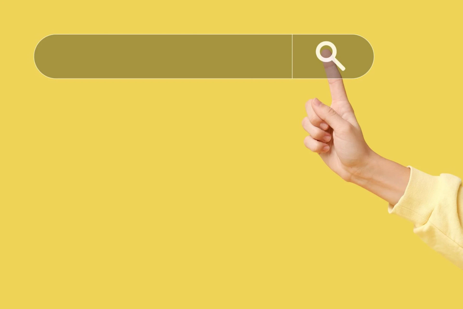 A hand points to a search bar on a yellow background