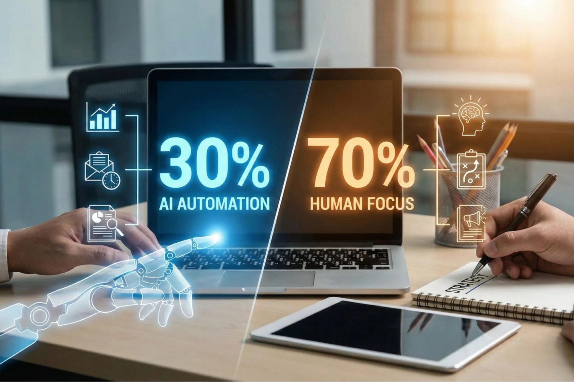 Graphic showing 30% AI automation and 70% human focus in marketing.